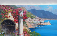 Load image into Gallery viewer, Amalfi painting by Gianni Di Guida painter &quot;Terrace with flowers&quot; canvas original Italy seaside
