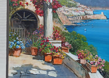 Load image into Gallery viewer, Amalfi painting by Gianni Di Guida painter &quot;Terrace with flowers&quot; canvas original Italy seaside
