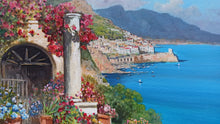 Load image into Gallery viewer, Amalfi painting by Gianni Di Guida painter &quot;Terrace with flowers&quot; canvas original Italy seaside
