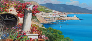 Amalfi painting by Gianni Di Guida painter "Terrace with flowers" canvas original Italy seaside