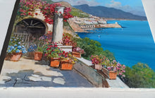 Load image into Gallery viewer, Amalfi painting by Gianni Di Guida painter &quot;Terrace with flowers&quot; canvas original Italy seaside
