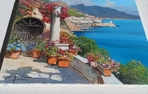 Amalfi painting by Gianni Di Guida painter "Terrace with flowers" canvas original Italy seaside