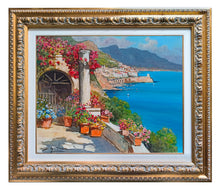 Load image into Gallery viewer, Amalfi painting by Gianni Di Guida painter &quot;Terrace with flowers&quot; canvas original Italy seaside
