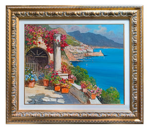 Amalfi painting by Gianni Di Guida painter "Terrace with flowers" canvas original Italy seaside