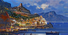 Load image into Gallery viewer, Amalfi painting by Vincenzo Somma painter &quot;Fishing boats night version&quot; original canvas artwork Italy
