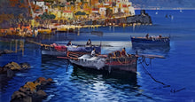 Load image into Gallery viewer, Amalfi painting by Vincenzo Somma painter &quot;Fishing boats night version&quot; original canvas artwork Italy
