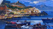 Load image into Gallery viewer, Amalfi painting by Vincenzo Somma painter &quot;Fishing boats night version&quot; original canvas artwork Italy
