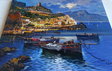 Load image into Gallery viewer, Amalfi painting by Vincenzo Somma painter &quot;Fishing boats night version&quot; original canvas artwork Italy
