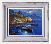 Load image into Gallery viewer, Amalfi painting by Vincenzo Somma painter &quot;Fishing boats night version&quot; original canvas artwork Italy
