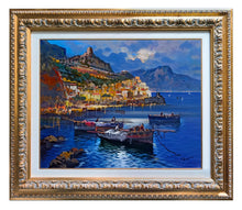 Load image into Gallery viewer, Amalfi painting by Vincenzo Somma painter &quot;Fishing boats night version&quot; original canvas artwork Italy
