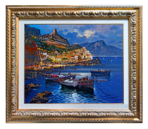 Amalfi painting by Vincenzo Somma painter "Fishing boats night version" original canvas artwork Italy