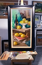 Load image into Gallery viewer, Still life Italian painting by Andrea Borella painter &quot;Lemons &amp; Books&quot; original artwork Italy decor
