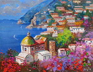 Positano painting by Andrea Borella painter "Blooming on the coast" Italy seaside,original oil