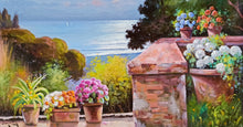 Load image into Gallery viewer, Italian painting by Andrea Borella painter &quot;From the terrace&quot; flowery sea view original artwork Italy
