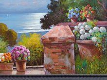 Load image into Gallery viewer, Italian painting by Andrea Borella painter &quot;From the terrace&quot; flowery sea view original artwork Italy
