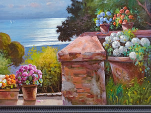 Italian painting by Andrea Borella painter "From the terrace" flowery sea view original artwork Italy