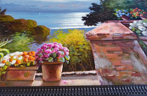 Italian painting by Andrea Borella painter "From the terrace" flowery sea view original artwork Italy