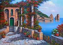 Load image into Gallery viewer, Capri painting canvas &quot;Flowered house on the sea&quot; original Italian painter Ernesto De Michele
