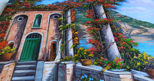 Capri painting canvas "Flowered house on the sea" original Italian painter Ernesto De Michele