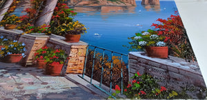 Capri painting canvas "Flowered house on the sea" original Italian painter Ernesto De Michele