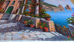 Capri painting canvas "Flowered house on the sea" original Italian painter Ernesto De Michele