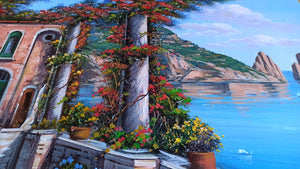 Capri painting canvas "Flowered house on the sea" original Italian painter Ernesto De Michele