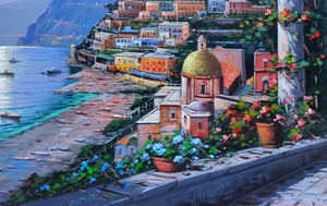 Positano painting canvas "Moonlight on the sea" original Italian painter Ernesto De Michele
