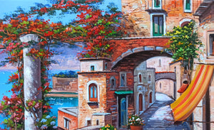 Sorrento painting canvas "Flowered old road" original Italian painter Ernesto De Michele