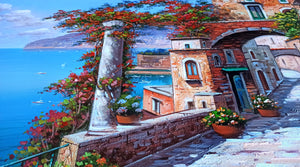 Sorrento painting canvas "Flowered old road" original Italian painter Ernesto De Michele