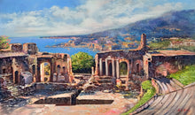 Load image into Gallery viewer, Sicily Taormina painting ,by Ernesto De Michele painter &quot;Taormina panorama&quot; original canvas artwork Italy
