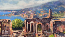 Load image into Gallery viewer, Sicily Taormina painting ,by Ernesto De Michele painter &quot;Taormina panorama&quot; original canvas artwork Italy
