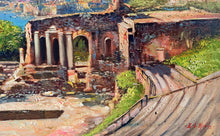 Load image into Gallery viewer, Sicily Taormina painting ,by Ernesto De Michele painter &quot;Taormina panorama&quot; original canvas artwork Italy
