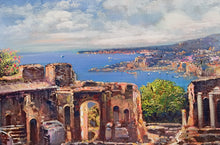 Load image into Gallery viewer, Sicily Taormina painting ,by Ernesto De Michele painter &quot;Taormina panorama&quot; original canvas artwork Italy
