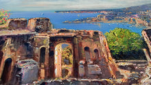 Load image into Gallery viewer, Sicily Taormina painting ,by Ernesto De Michele painter &quot;Taormina panorama&quot; original canvas artwork Italy
