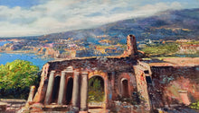 Load image into Gallery viewer, Sicily Taormina painting ,by Ernesto De Michele painter &quot;Taormina panorama&quot; original canvas artwork Italy
