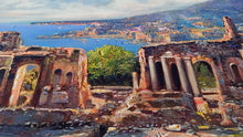 Load image into Gallery viewer, Sicily Taormina painting ,by Ernesto De Michele painter &quot;Taormina panorama&quot; original canvas artwork Italy
