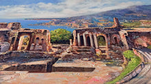 Load image into Gallery viewer, Sicily Taormina painting ,by Ernesto De Michele painter &quot;Taormina panorama&quot; original canvas artwork Italy
