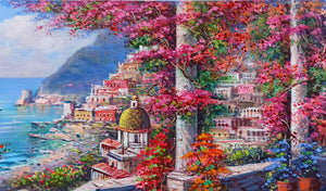 Positano painting,Italian painter "Flull of colours view" original painter Ernesto De Michele