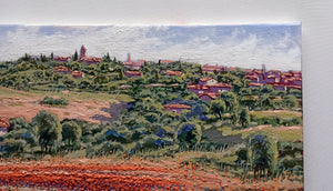 Tuscany painting by Roberto Gai "Red blooming under the village" Toscana artwork  oil canvas