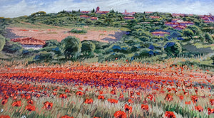 Tuscany painting by Roberto Gai "Red blooming under the village" Toscana artwork  oil canvas