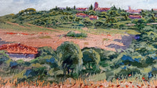 Load image into Gallery viewer, Tuscany painting by Roberto Gai &quot;Red blooming under the village&quot; Toscana artwork  oil canvas
