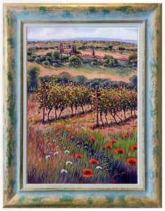 Tuscany painting by Roberto Gai "One day in the vineyard - vertical version" Toscana artwork  oil canvas