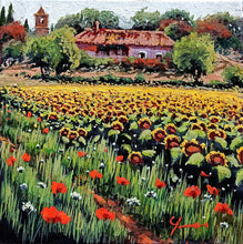 Load image into Gallery viewer, Tuscany painting by Roberto Gai &quot;Village among sunflowers&quot; Toscana artwork landscape oil canvas
