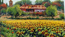 Load image into Gallery viewer, Tuscany painting by Roberto Gai &quot;Village among sunflowers&quot; Toscana artwork landscape oil canvas
