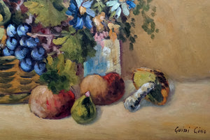Still life "fruits and Flowers" old painting Gino Guidi 1914 painter original oil Italian vintage artwork