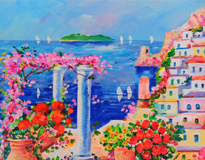 Positano painting by Alfredo Grimaldi painter "Flowering on the coast" original canvas artwork Italy