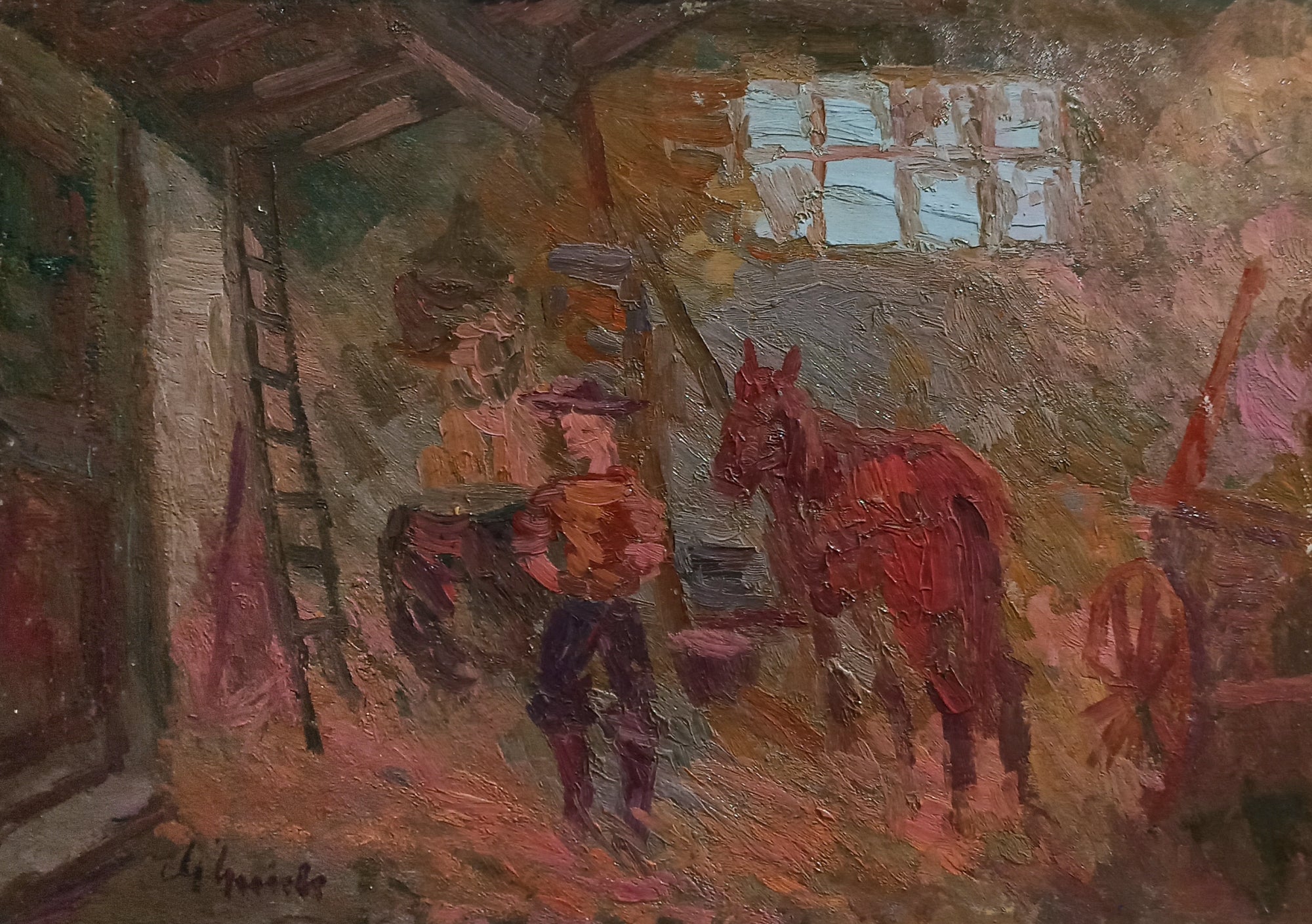 In the stable old painting by Guido Guidi 1901 painter original oil Italian vintage artwork