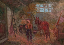 Load image into Gallery viewer, In the stable old painting by Guido Guidi 1901 painter original oil Italian vintage artwork
