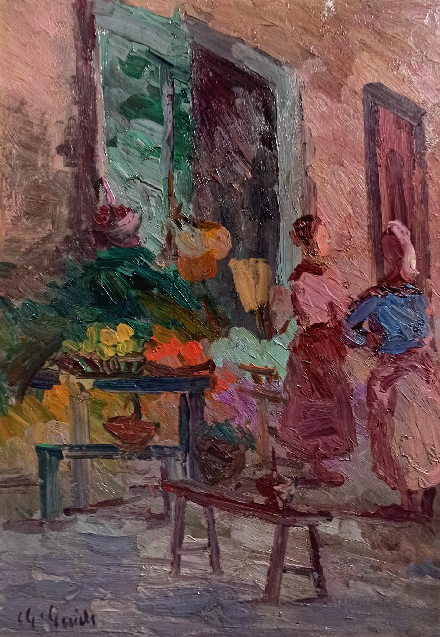 The fruit stand old painting by Guido Guidi 1901 painter original oil Italian vintage artwork