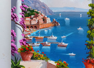 Amalfi painting by Silvio Valli painter "Vertical window on the sea",Italian painter,Italy seaside